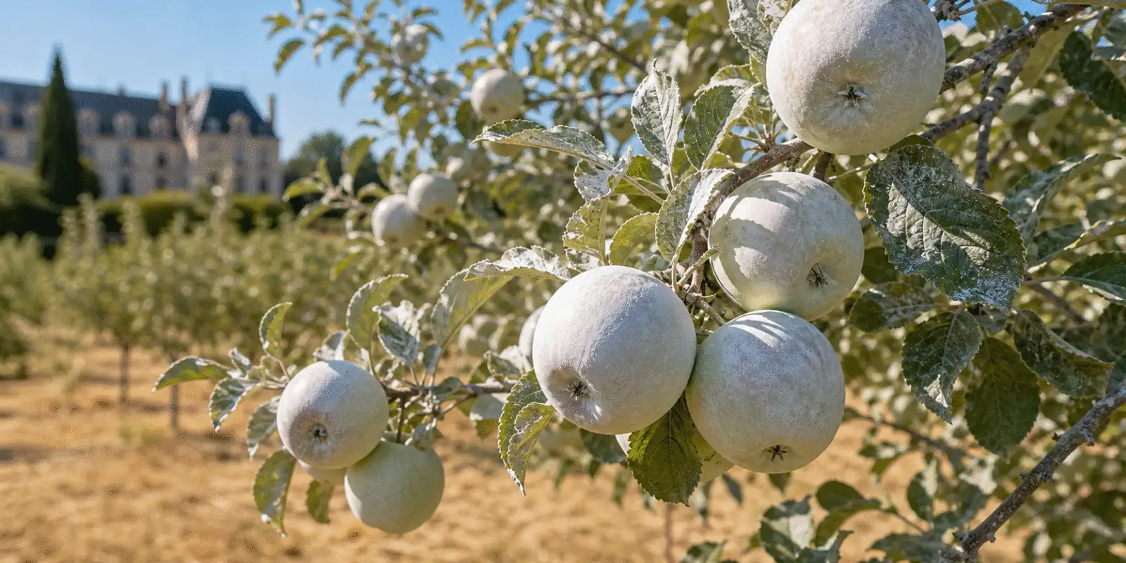 Pommes protegees du coup de soleil par un film d'argile blanche kaolin