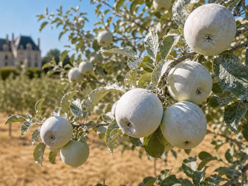Pommes protegees du coup de soleil par un film d'argile blanche kaolin