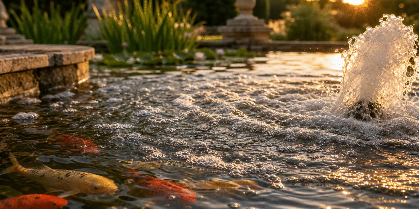 Surface de bassin brassee par un jet d'aeration, bulles et rides en ete