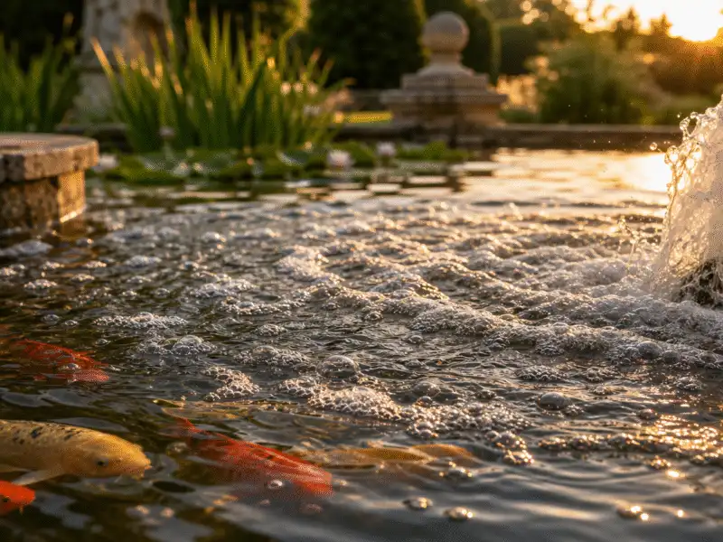 Surface de bassin brassee par un jet d'aeration, bulles et rides en ete