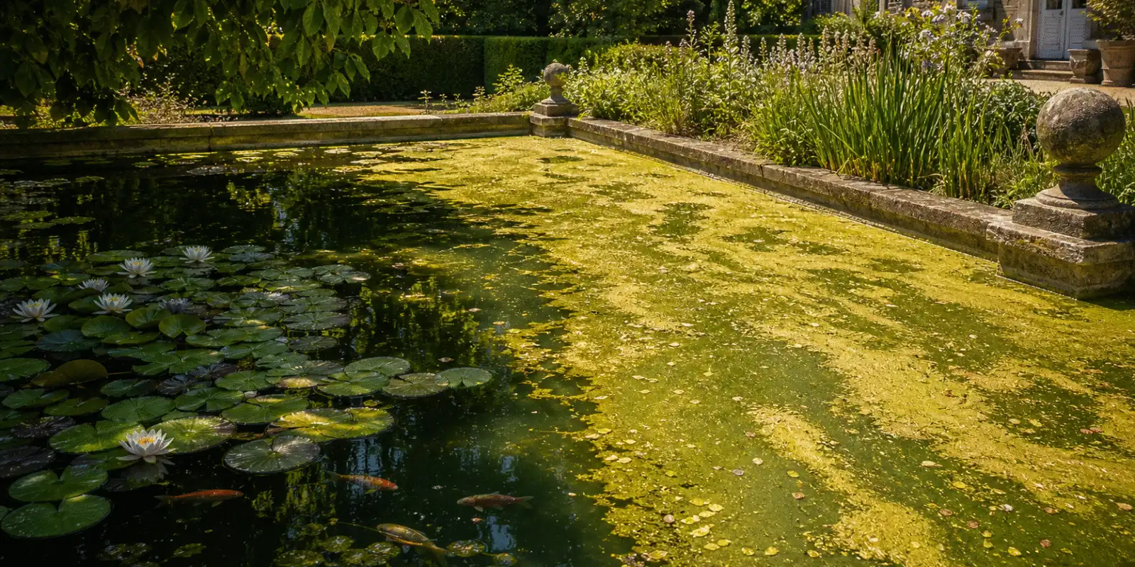 Bassin envahi d'algues vertes sous le soleil d'ete