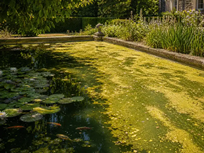 Bassin envahi d'algues vertes sous le soleil d'ete
