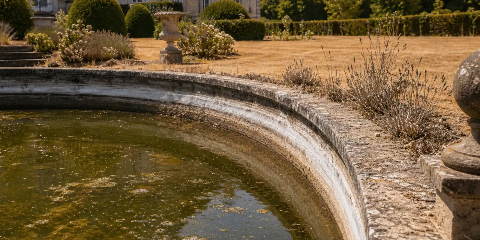 Bassin au niveau d'eau baisse par l'evaporation, trace sur la pierre