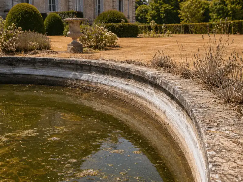 Bassin au niveau d'eau baisse par l'evaporation, trace sur la pierre