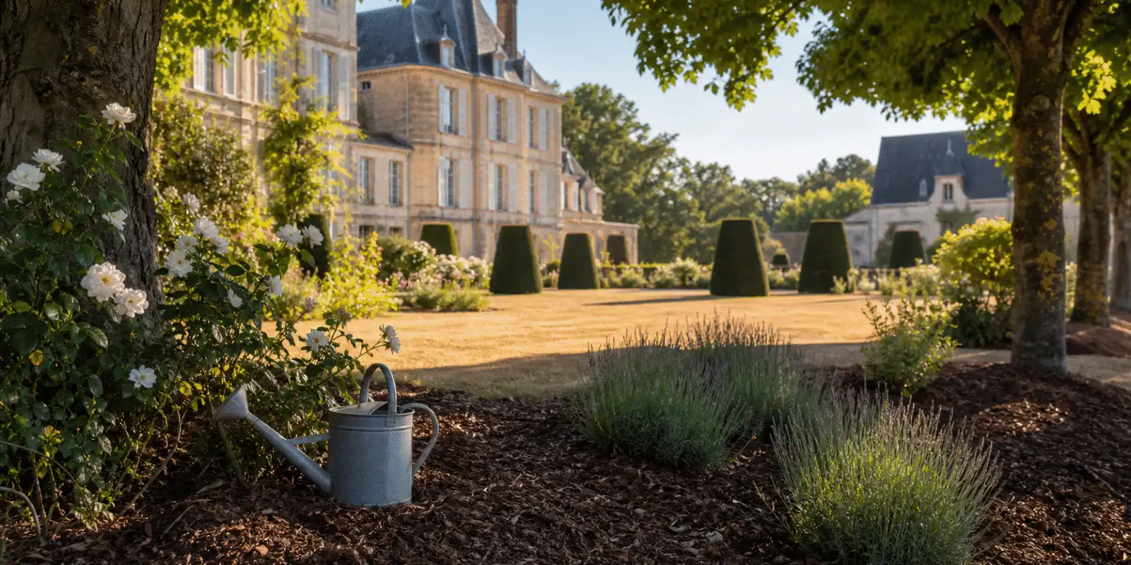 Jardin de chateau sous la canicule : pelouse doree, massifs pailles et arbres d'ombrage