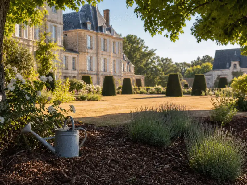 Jardin de chateau sous la canicule : pelouse doree, massifs pailles et arbres d'ombrage