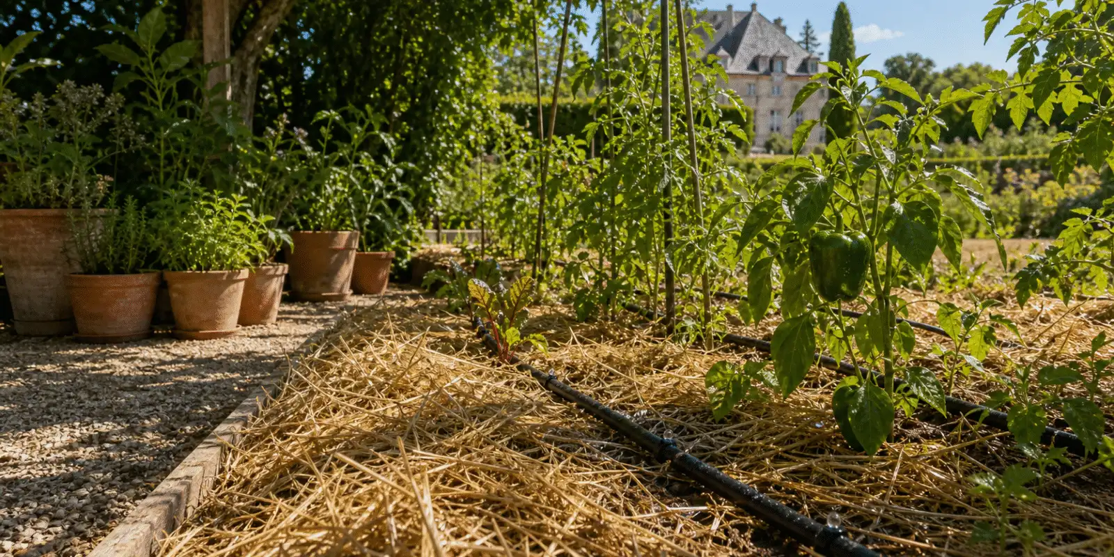 Goutte-a-goutte le long des planches paillees, pots groupes a l'ombre
