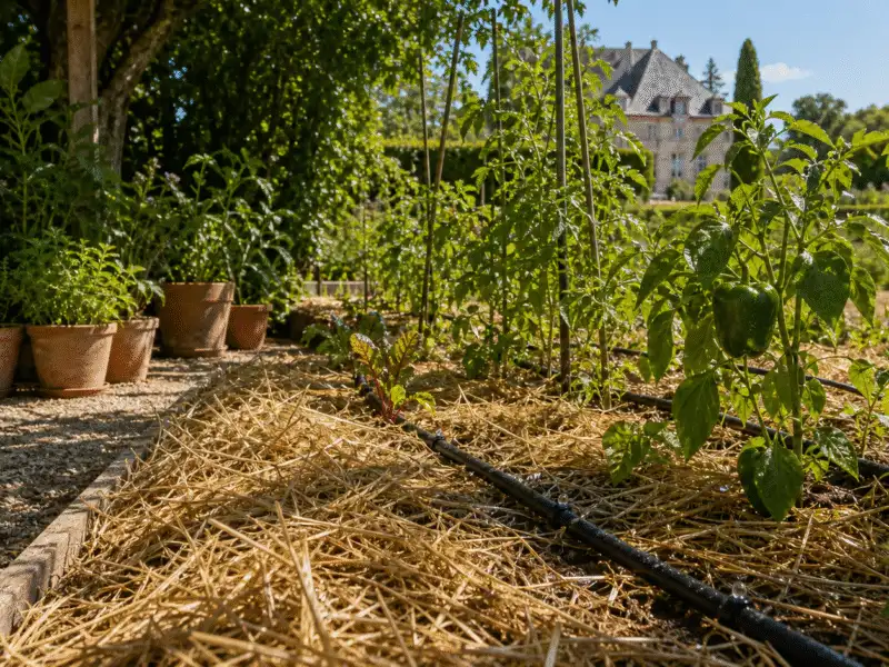 Goutte-a-goutte le long des planches paillees, pots groupes a l'ombre