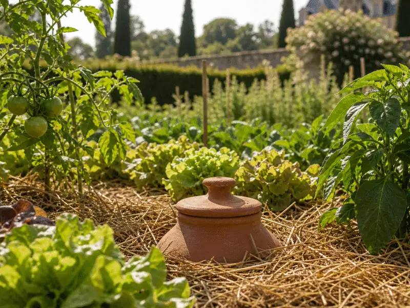 Oya en terre cuite enterree au potager, col visible au-dessus du paillage