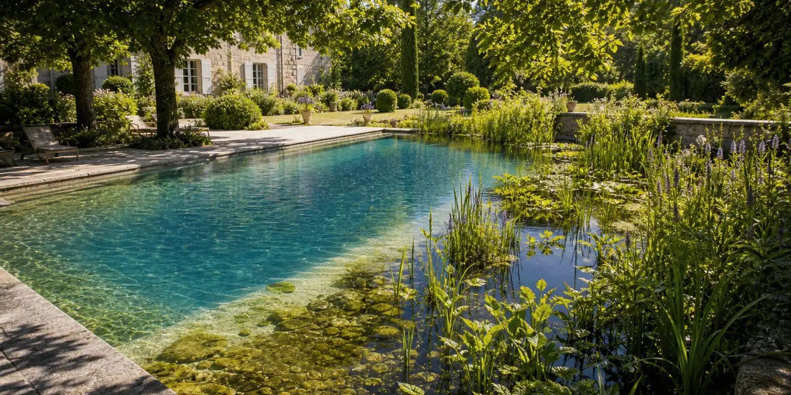 Piscine naturelle avec zone de baignade claire et lagune plantee en plein ete
