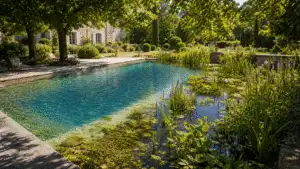 Natural water garden with pond planting in an elegant estate garden