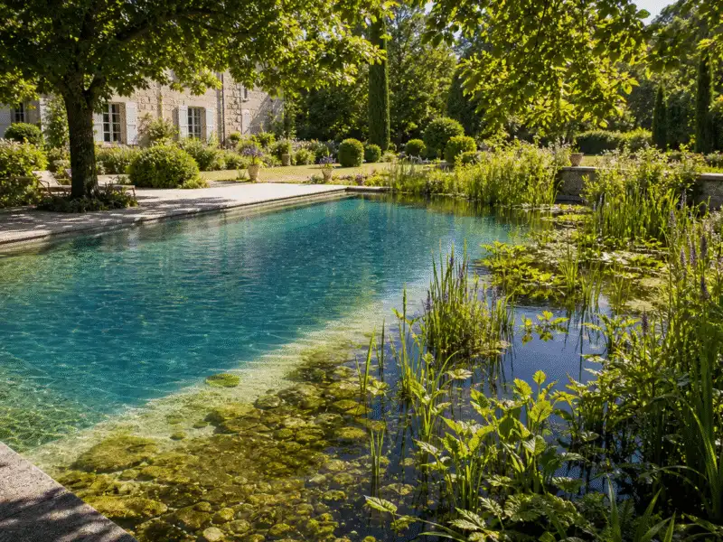 Piscine naturelle avec zone de baignade claire et lagune plantee en plein ete