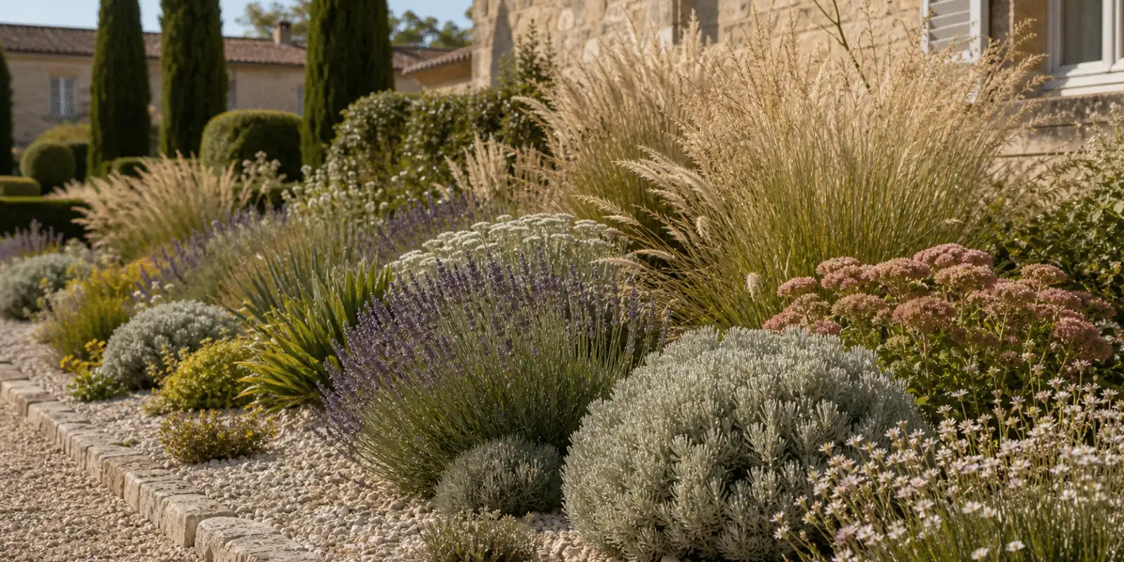 Massif mediterraneen sec : lavande, sedum et graminees sur gravier