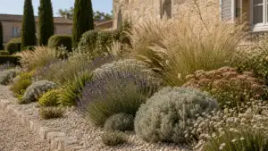 Elegant outdoor garden design with terrace, structure and planting