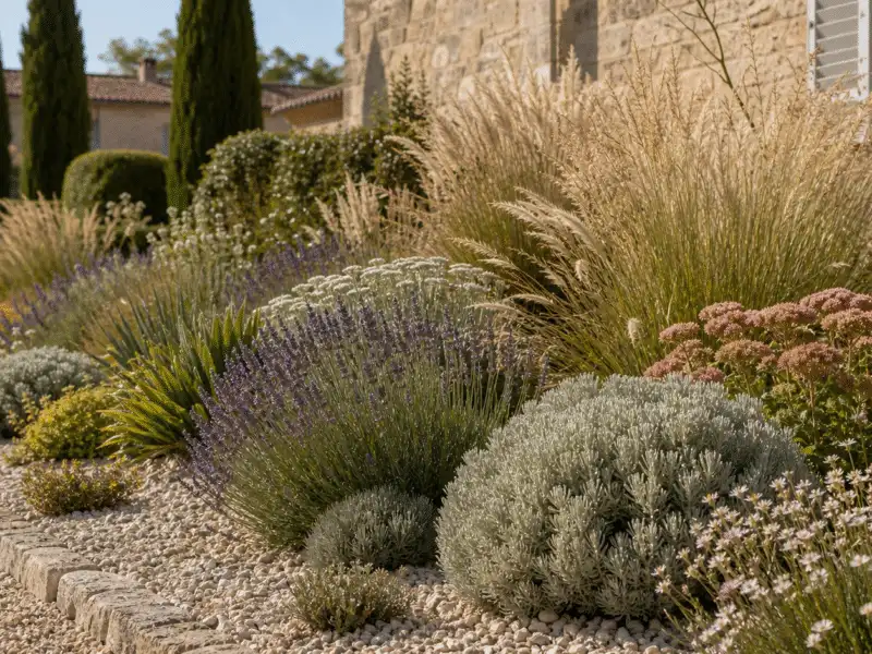 Massif mediterraneen sec : lavande, sedum et graminees sur gravier