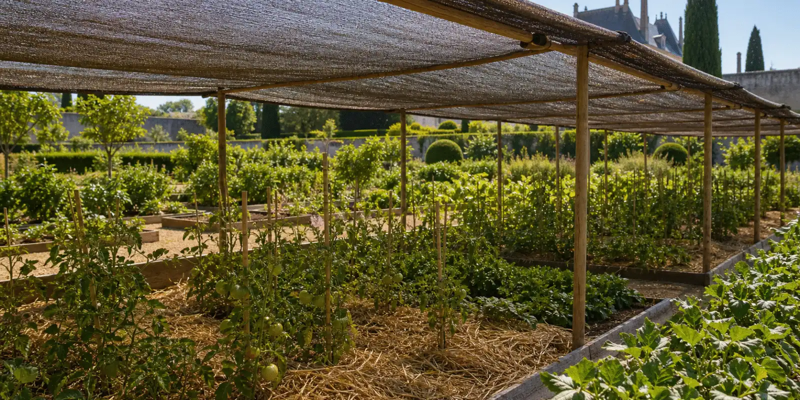 Potager sous voile d'ombrage, paillage au pied des tomates