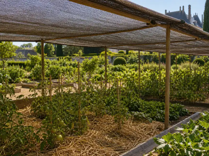 Potager sous voile d'ombrage, paillage au pied des tomates