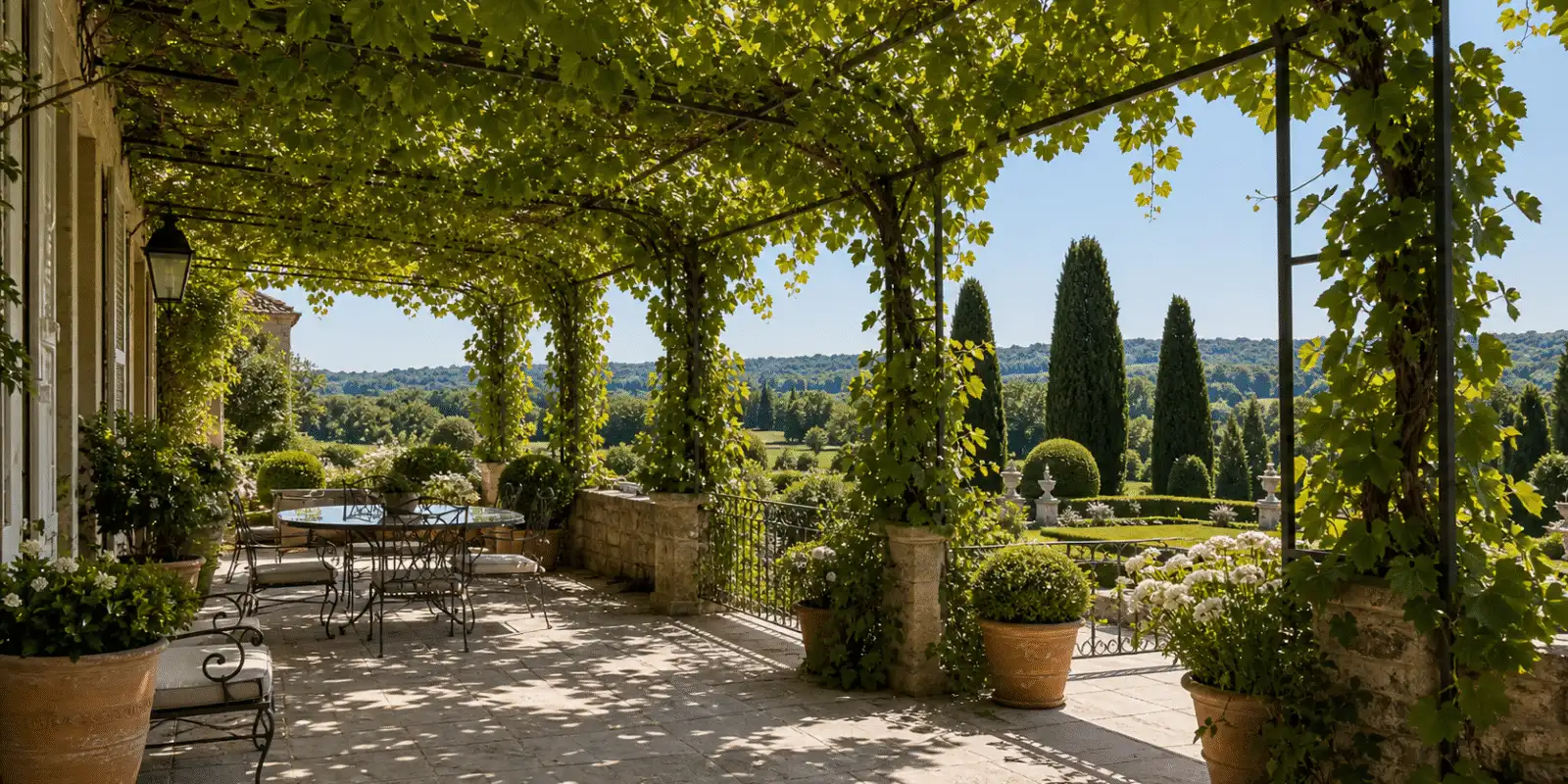Terrasse rafraichie par une pergola de vigne grimpante en ete