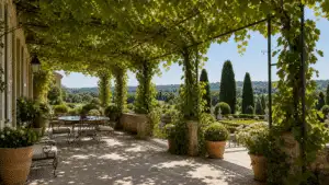 Elegant outdoor garden design with terrace, structure and planting