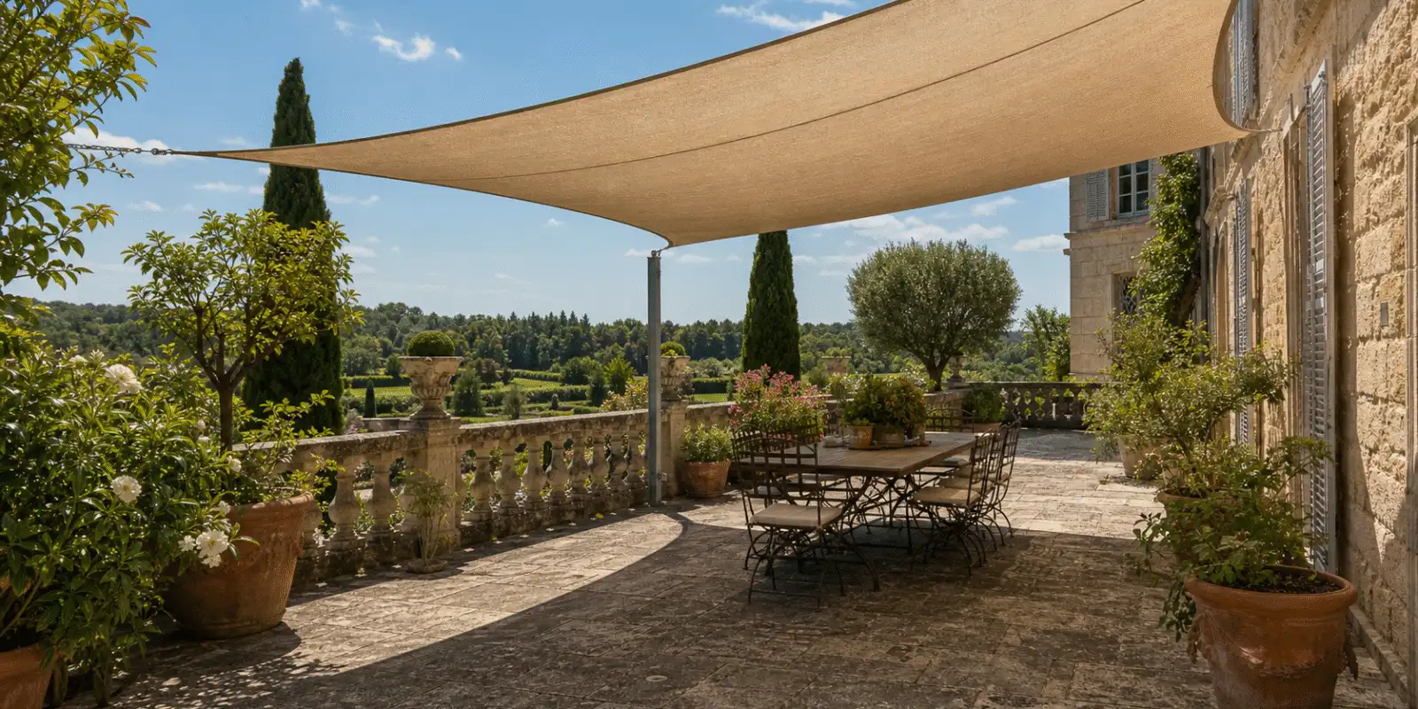 Voile d'ombrage tendu au-dessus d'une terrasse de chateau