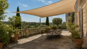 Elegant outdoor garden design with terrace, structure and planting