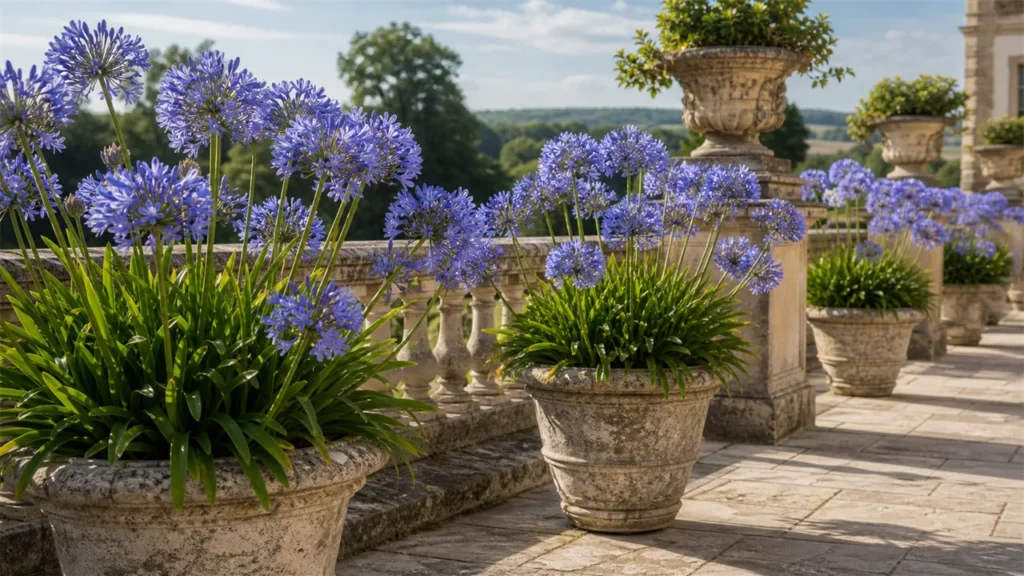 Agapanthus in pots on an elegant garden terrace