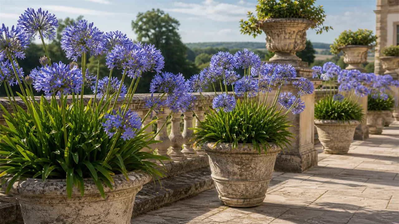 Agapanthus in a refined chateau garden setting