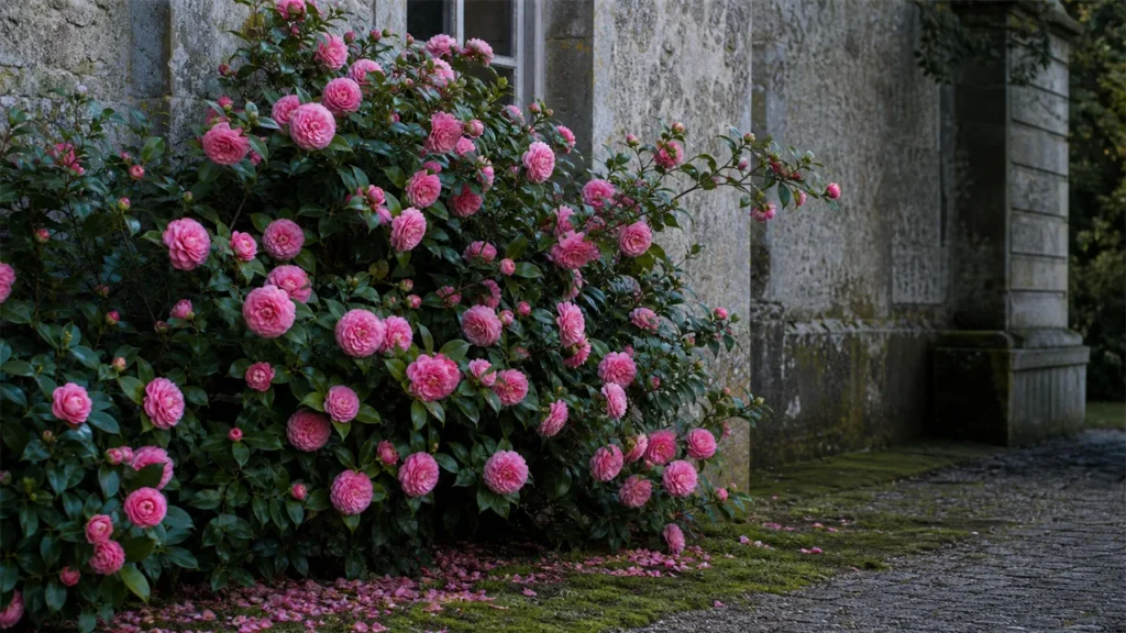 Pink-flowered camellia beside the weathered stone wall of an old house