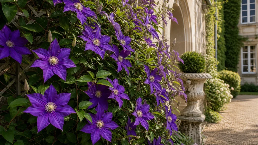 Purple clematis trained in a château garden