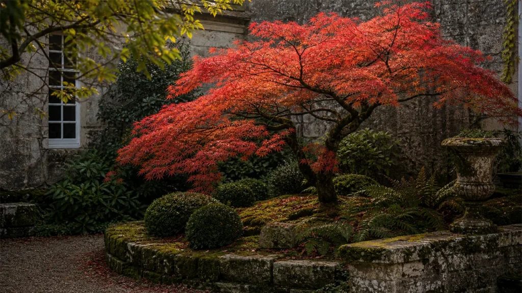 Red-orange Japanese maple in a shaded courtyard