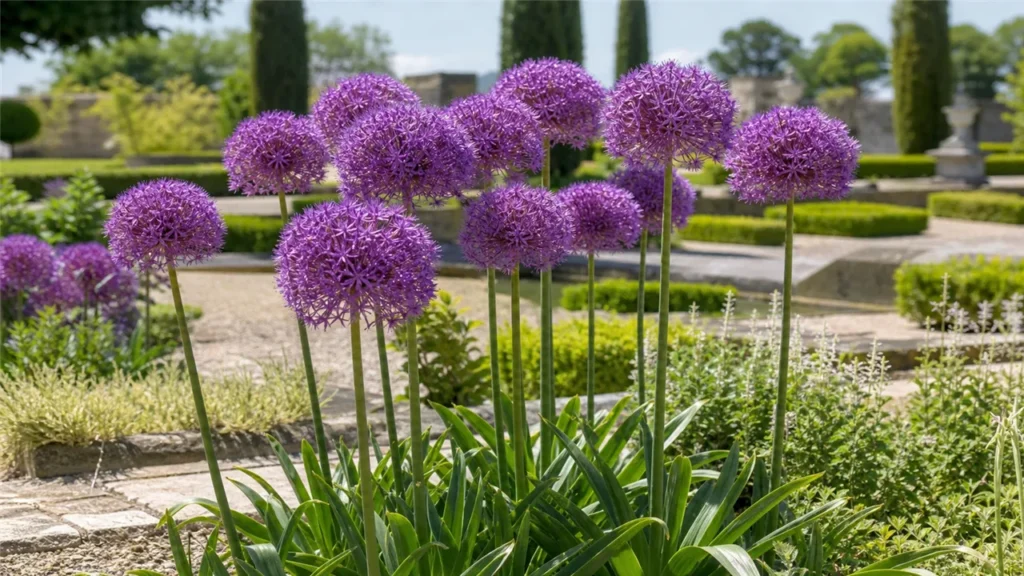 Purple ornamental alliums flowering in a château garden