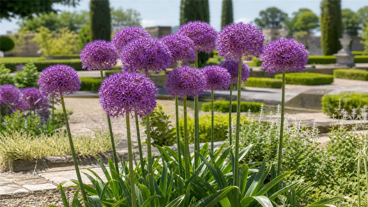 Ail d'ornement en situation dans un jardin de chateau
