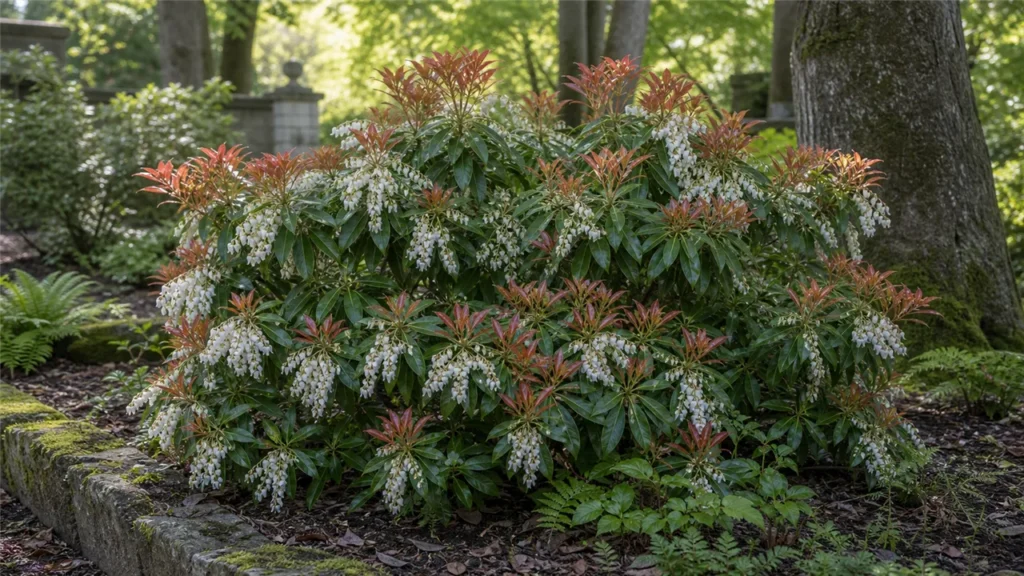 Japanese pieris flowering beside copper-red new shoots in light woodland shade