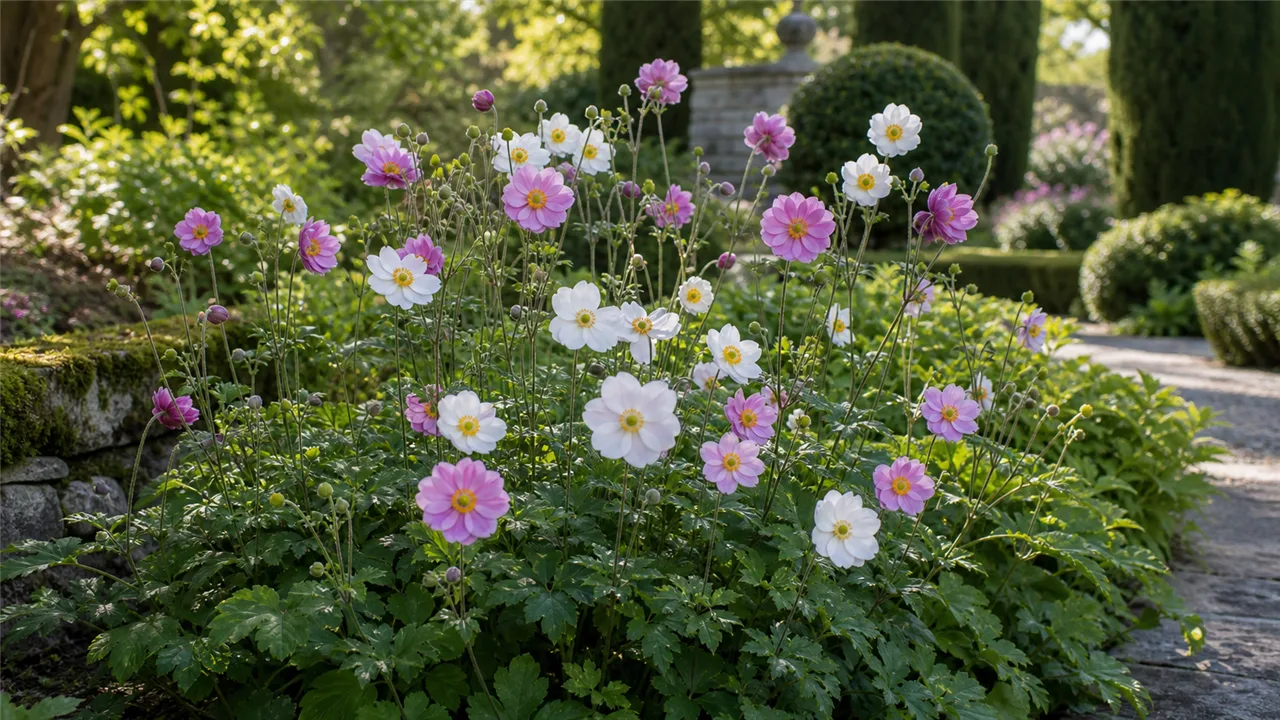 Anémone en situation dans un jardin de chateau