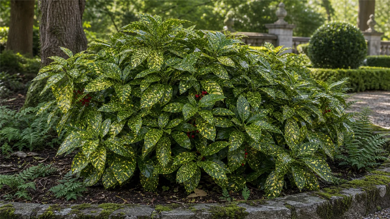 Aucuba garden profile planted in a chateau garden
