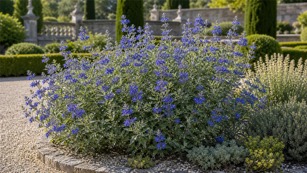 Caryoptéris en situation dans un jardin de chateau