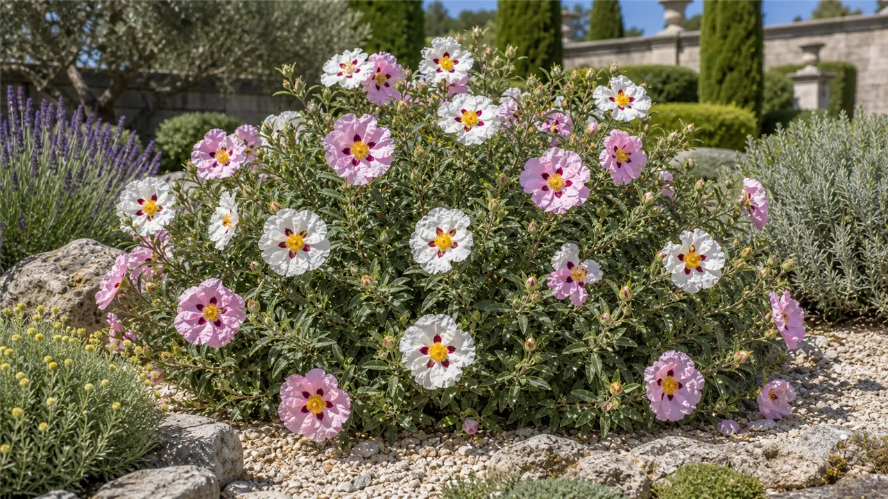 Rockrose garden profile planted in a chateau garden