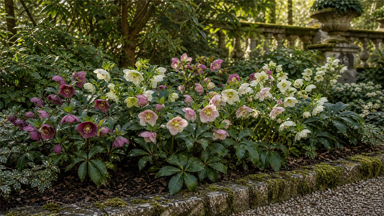 Hellébore en situation dans un jardin de chateau