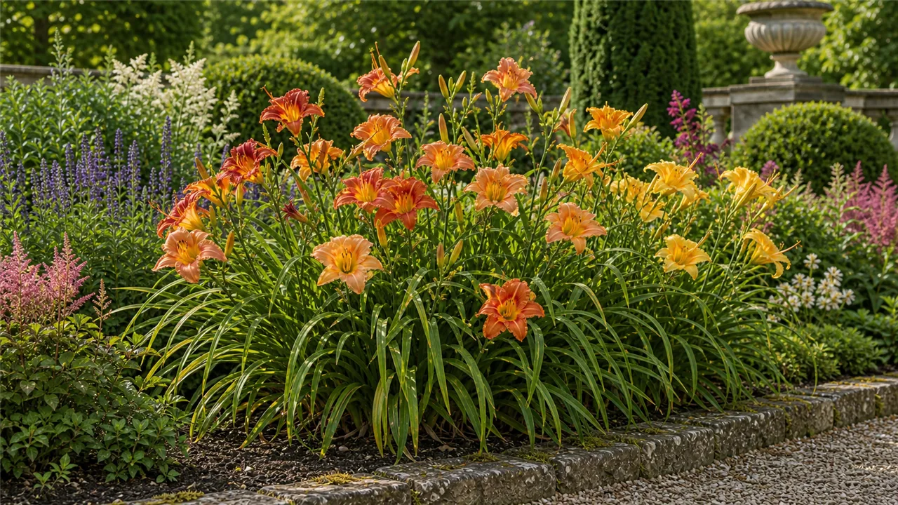 Hémérocalle en situation dans un jardin de chateau