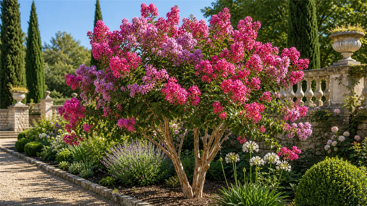 Crape myrtle garden profile planted in a chateau garden
