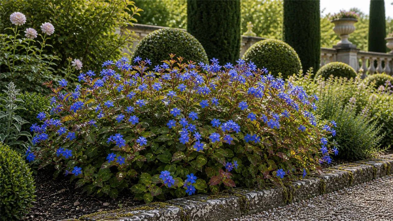 Plumbago en situation dans un jardin de chateau