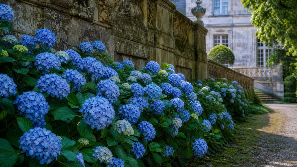 Blue hydrangeas along a stone wall in a chateau garden
