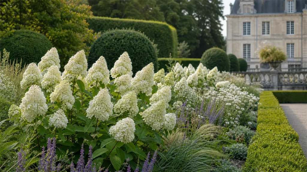 White panicle hydrangeas in a fresh border beside an old chateau garden