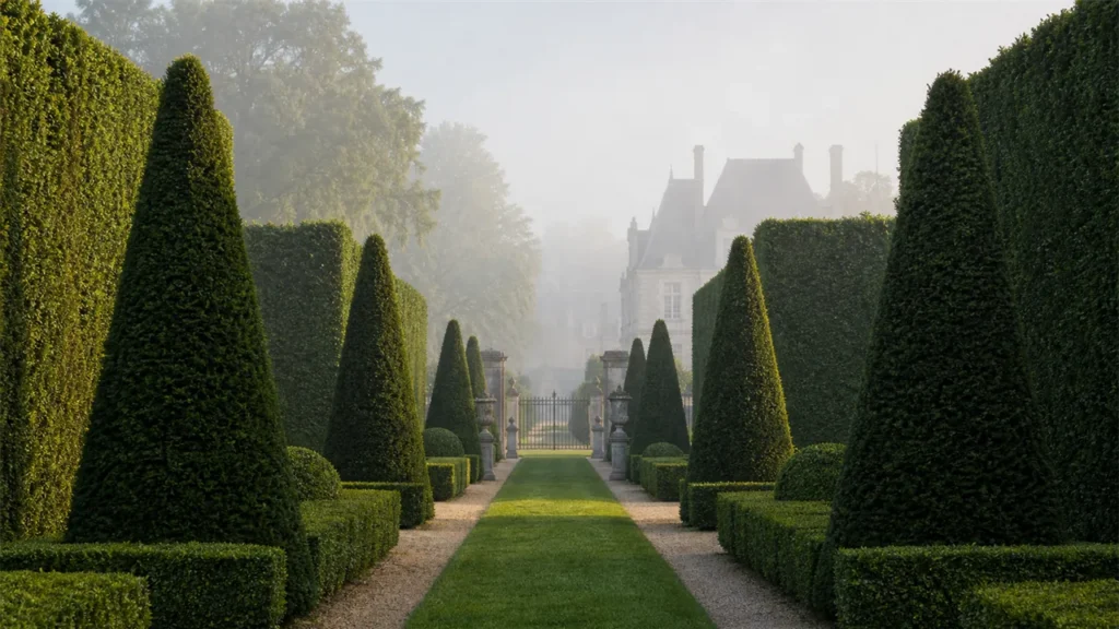 Clipped common yew hedges lining a formal garden walk
