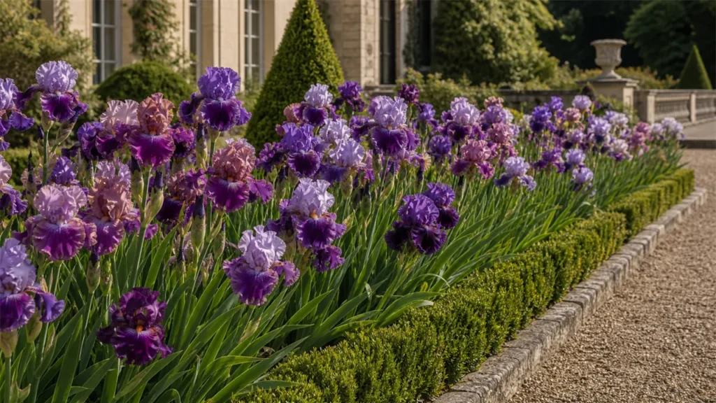 Purple and pink bearded irises in a formal garden border