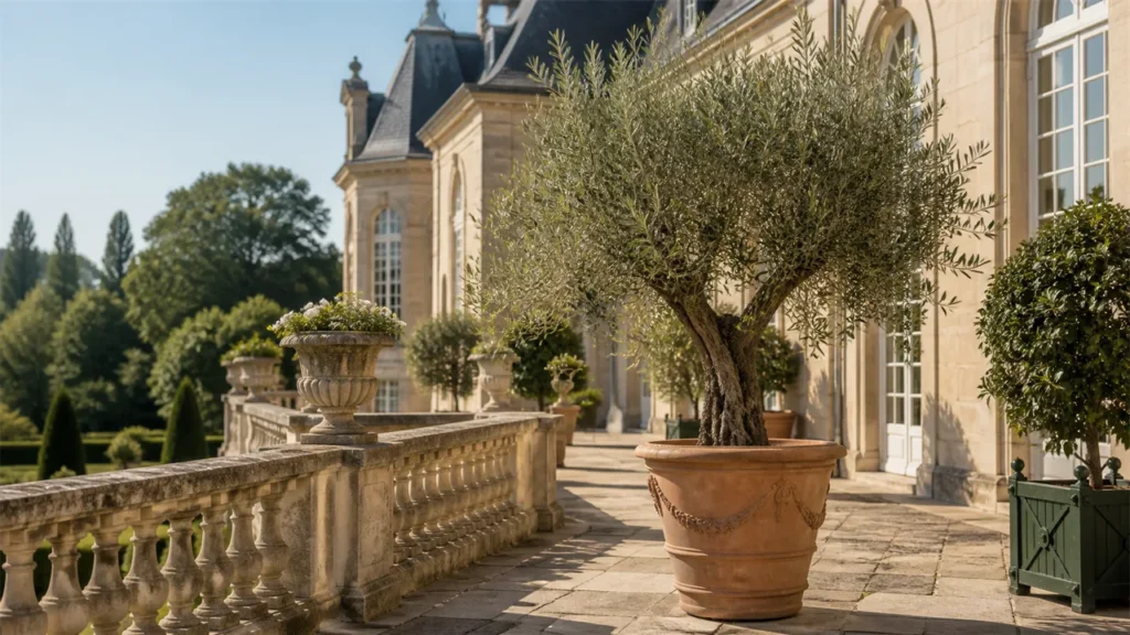 Mature olive tree in a large terracotta pot on a sunny terrace