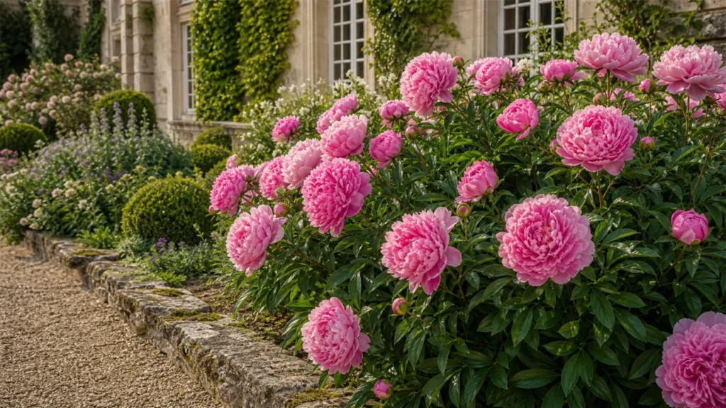 Pink herbaceous peonies flowering in a château garden