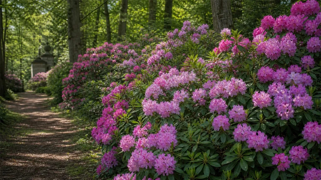 Pink rhododendrons flowering in the dappled shade of a woodland garden