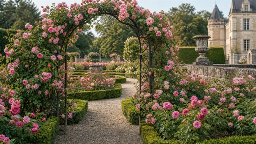 Garden Rose in a refined chateau garden setting