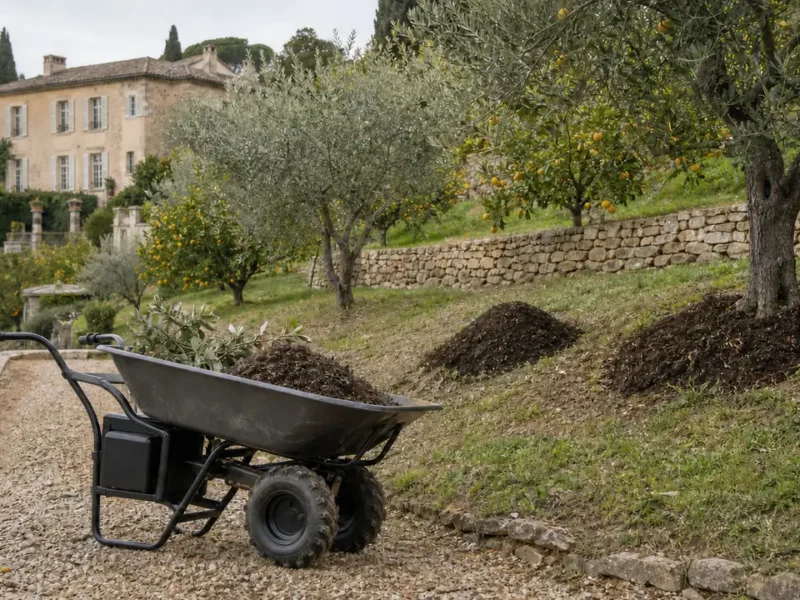 Brouette motorisée non marquée chargée de compost sur une allée en pente, verger en terrasses et paillage visible